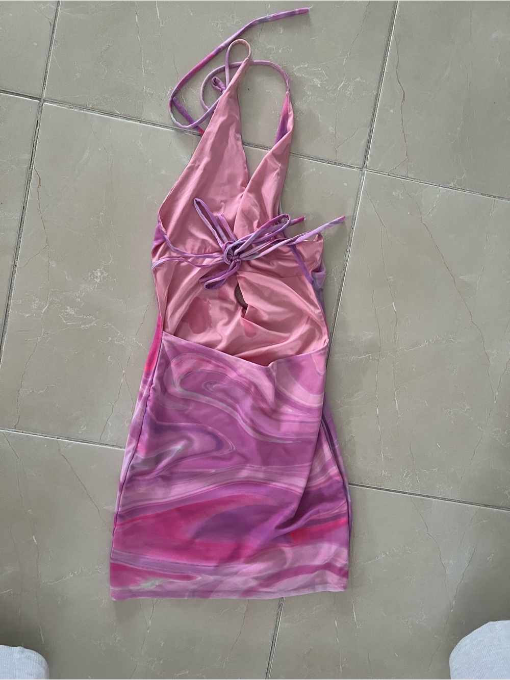 Tiger Mist Pink Halter Mini Dress with Swirl Detail - Picture 2 of 4